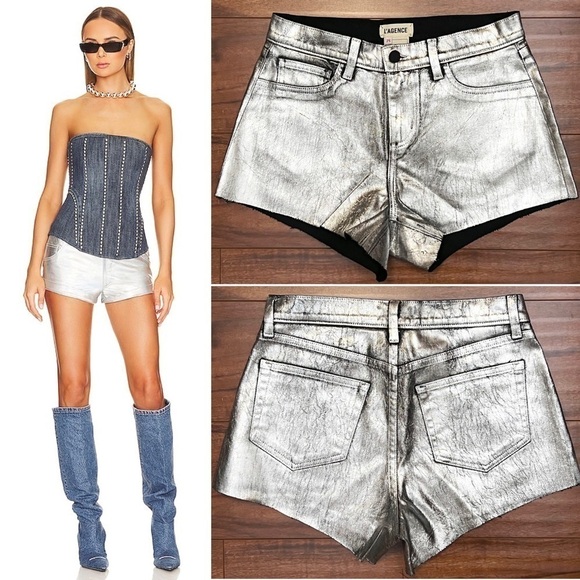 NWT L’AGENCE High Waist Distressed Silver Denim Raw Hem Cutoff Jean Shorts 25 - Picture 1 of 10